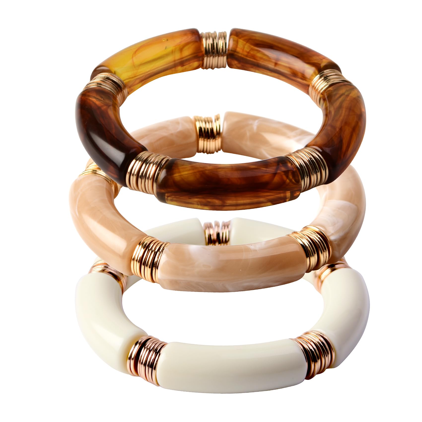 GOOJIDS Simple Beaded Gold Plated Bangles Bracelet Chunky Bamboo Tube Curved Stacking Acrylic Colorful Beads Stretchable Gold Plated Bracelets Set For Women