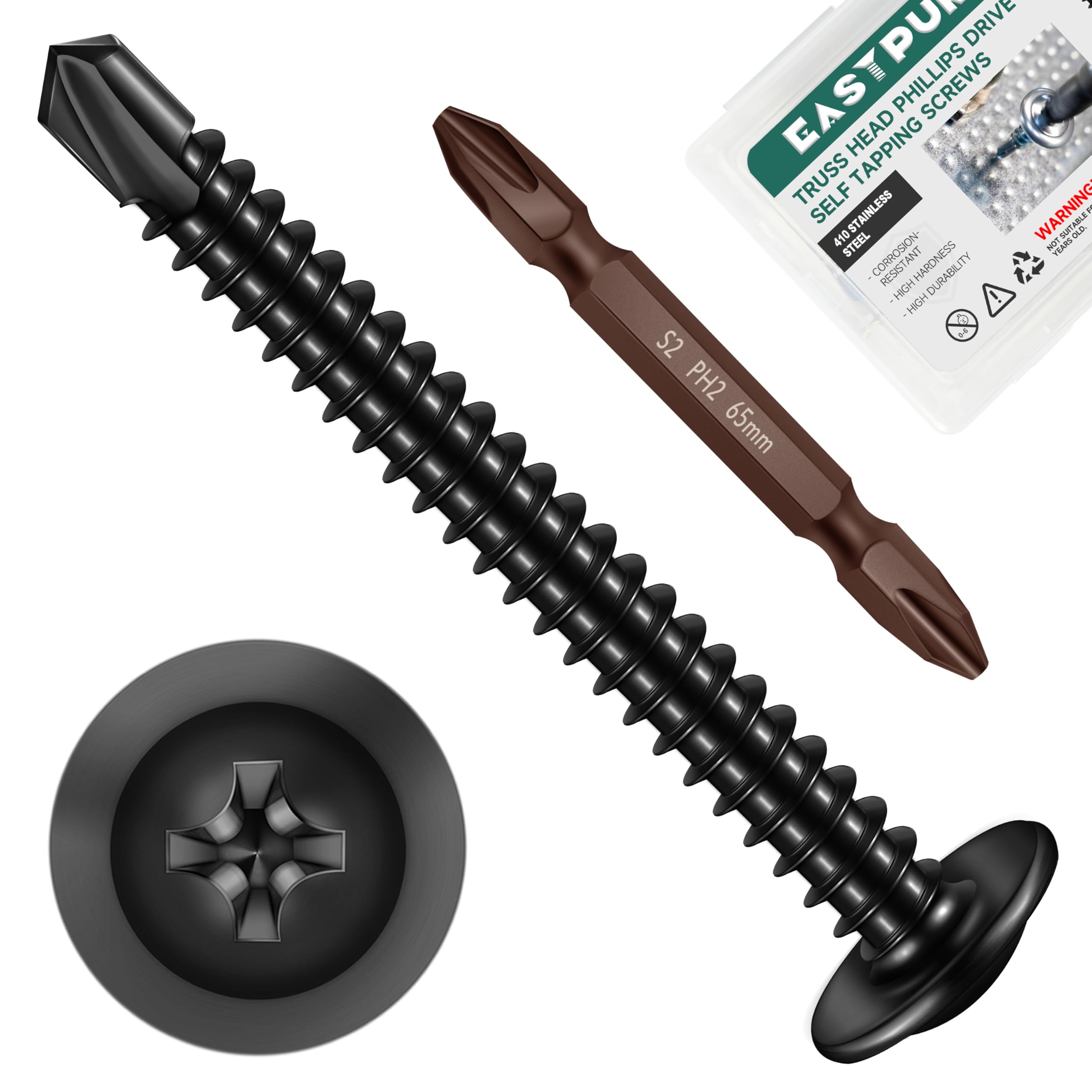 EASTPUK #10 x 2 Black Self Tapping Screws for Metal, Truss Head Phillips Drive 410 Stainless Steel Self Drilling Sheet Metal Screws with Drill Bit, Fast Tapping (Box of 300)