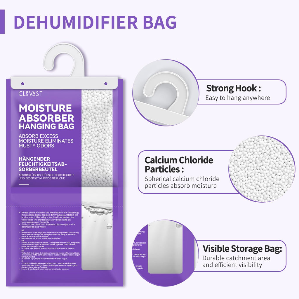 CLEVAST Moisture Absorbers Packets - 15.2 OZ, 6 Pack Large Dehumidifier Bags for Closet, Hanging Humidity Absorber in Wardrobes, Bedrooms, Bathrooms - Lavender Scented