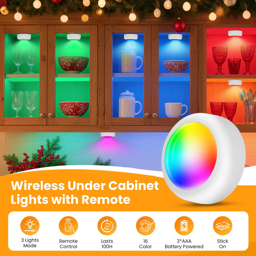 Ahuledlight LED Puck Lights with Remote Control, 16 Color Changing Under Cabinet Lighting with Dimmer & Timer, AAA Battery Operated,Under for Closet Bedroom Kitchen, Stair (12 Pack White)