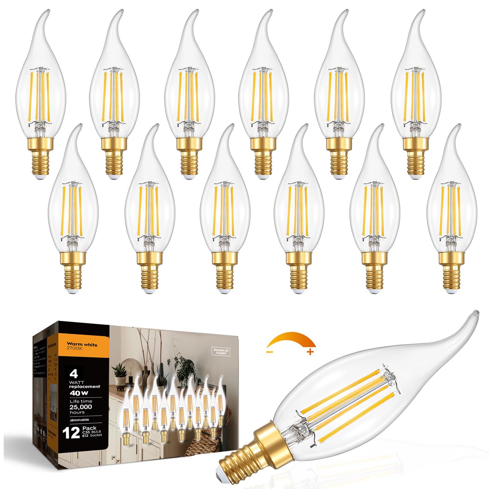 IINVGOOD Dimmable LED Candelabra Bulbs 40 Watt Equivalent, 2700K Soft Warm White Chandelier Light Bulbs, 4W 460 Lumens Flame Tip Candle Light Bulbs, E12 Base Bulbs, 90+CRI, 12 Packs