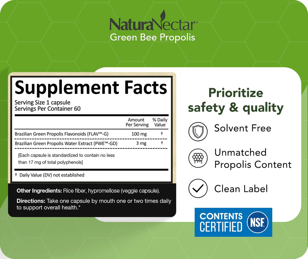NaturaNectar - Green Bee Propolis Capsules - NSF Contents Certified Brazilian Green Propolis - Gluten-Free Propolis Supplements with Flavonoids - Naturally Sourced Through Ethical Beekeeping (60pcs.)