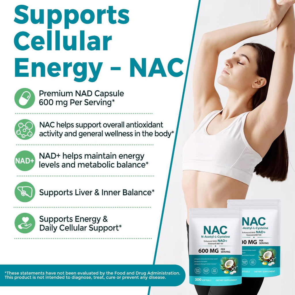 NVXNMSD NAC Supplement 600mg, 300 Softgels NAC with NAD+ & MCT Oil N-Acetyl Cysteine Supplement with Coconut Oil Vegetarian Capsules for Antioxidant Supports Liver & Energy Non-GMO Gluten Free