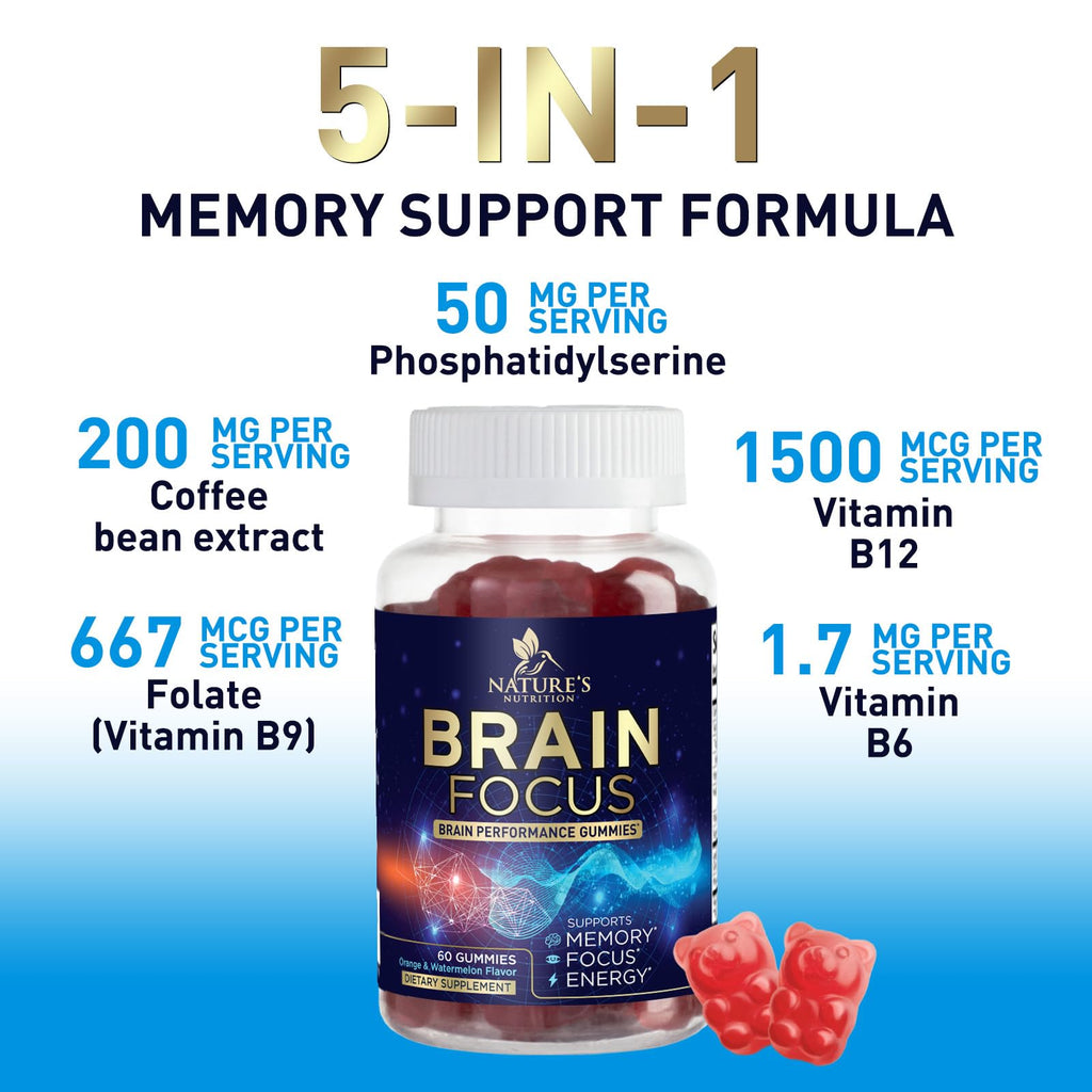 Brain Supplements for Memory and Focus with Phosphatidylserine, Nootropic Memory Supplement Gummy for Brain Health, Concentration, Mental & Cognitive Support, Focus Vitamins with B6 & B12-60 Gummies