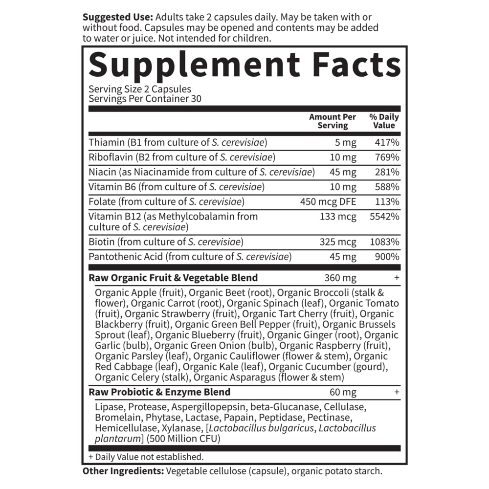 Garden of Life Vitamin B Complex, 60 Vegan Capsules, High Potency Vitamins for Energy & Metabolism with B6, Folate & B12 as Methylcobalamin Plus Probiotics