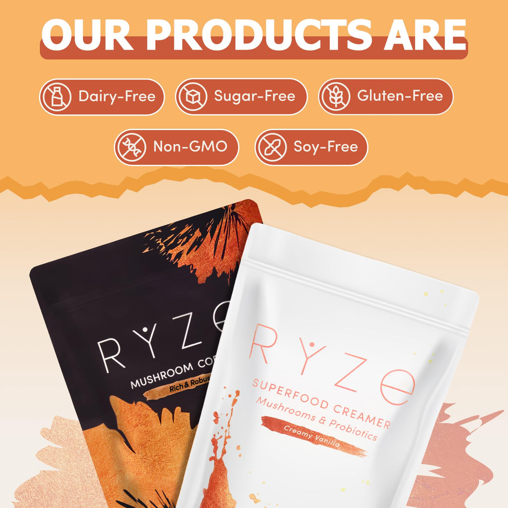 RYZE SUPERFOODS Dark Roast RYZE n Shine Bundle, Instant Mushroom Coffee + Probiotic Coffee Creamer with 6 Adaptogenic Mushrooms, Prebiotic+Probiotic Blends, Energy Focus Digestion Immunity, 30 sv each