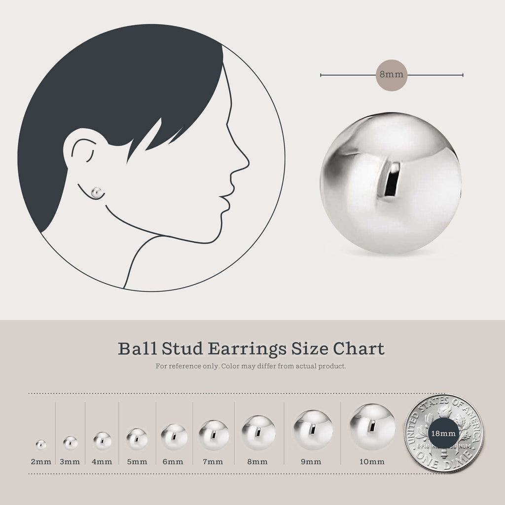 KEZEF 925 Sterling Silver Ball Stud Earrings for Women, 8mm