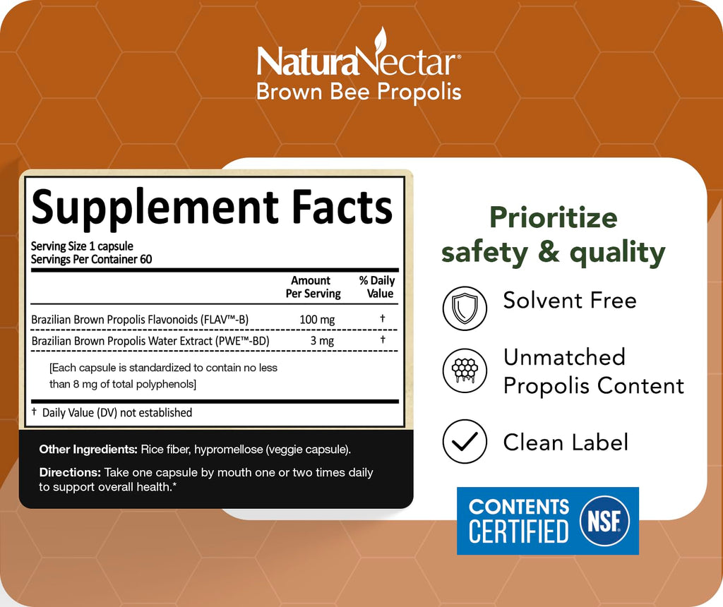 NaturaNectar - Brown Bee Propolis - NSF Contents Certified - Premium Brazilian Propolis - Gluten-Free Supplement with Flavonoids, FLAV-B and PWE - Naturally Sourced Through Ethical Beekeeping (60pcs.)