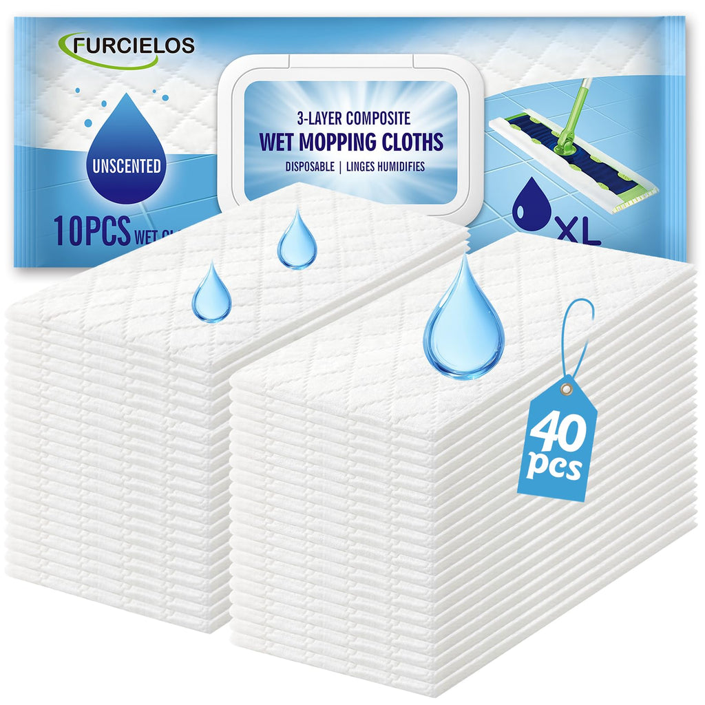 FURCIELOS 40 Count XL Heavy Duty Wet Mopping Cloths Refill Compatible with Swiffer Sweeper XL Mop, Disposable Wet Pads Refill X-Large Size for Multi-Surface Floor Cleaning, Unscented