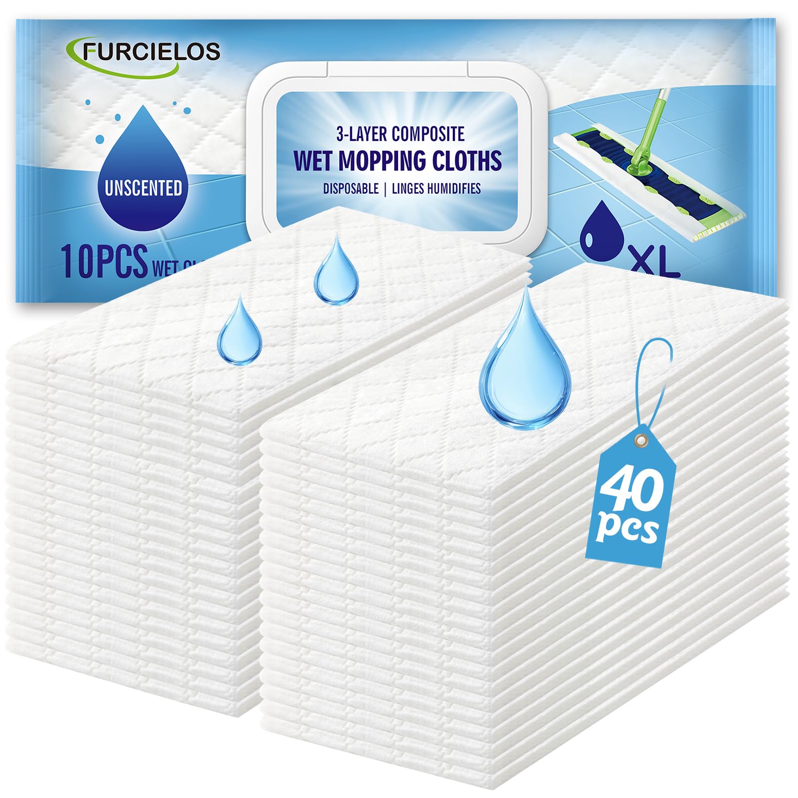 FURCIELOS 40 Count XL Heavy Duty Wet Mopping Cloths Refill Compatible with Swiffer Sweeper XL Mop, Disposable Wet Pads Refill X-Large Size for Multi-Surface Floor Cleaning, Unscented