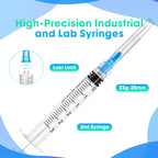 Meterbox 100 Pack 3ml Syringes with Needle - 23G 1 inch Disposable 3cc Luer Lock Syringe for Scientific Lab Use, Sterile Individually Wrapped