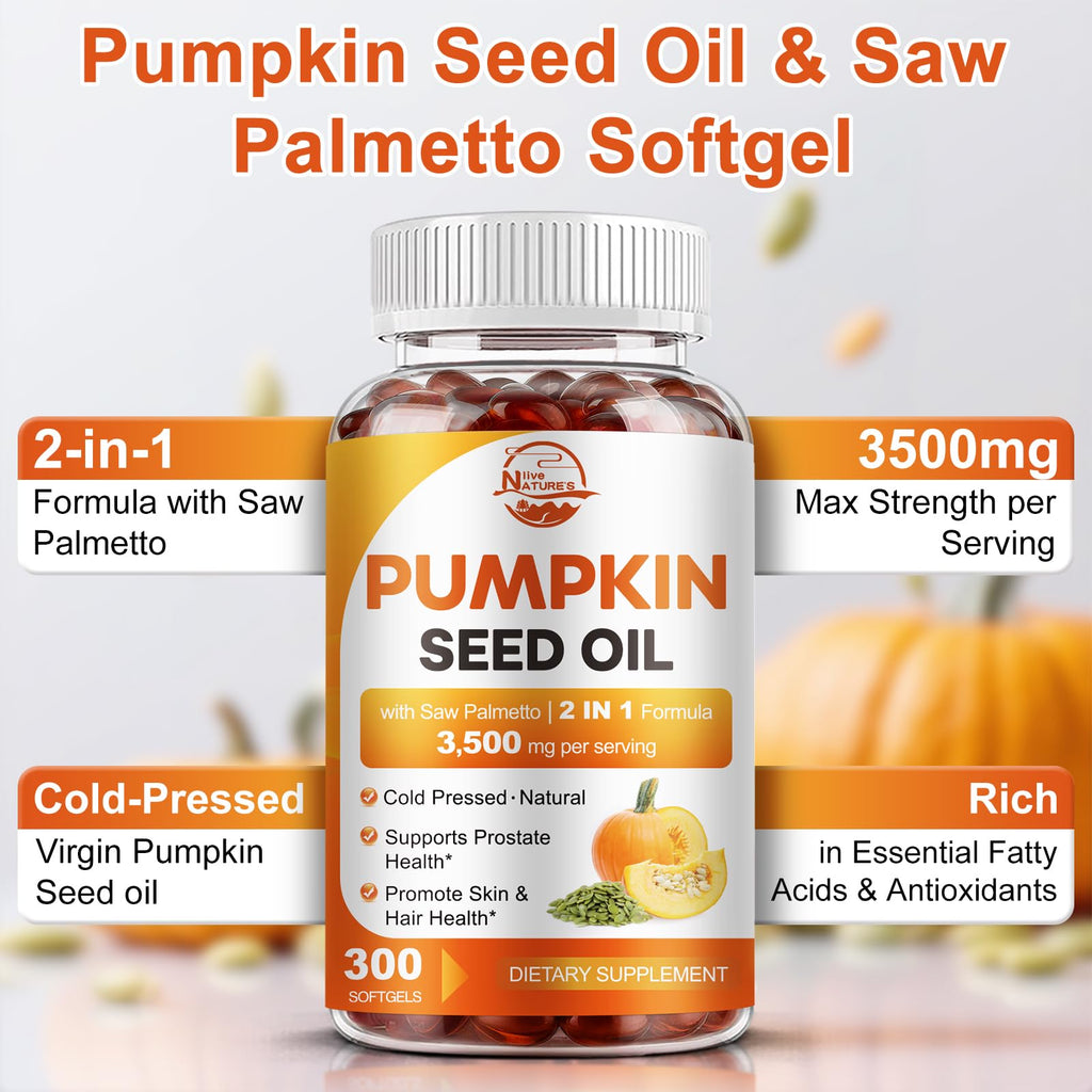 Pumpkin Seed Oil with Saw Palmetto, 3500mg Max Strength per Serving, 300 Softgels, Cold-Pressed with Essential Fatty Acids & Phytosterols, Supports Immune, Hair, Bladder & Prostate Health
