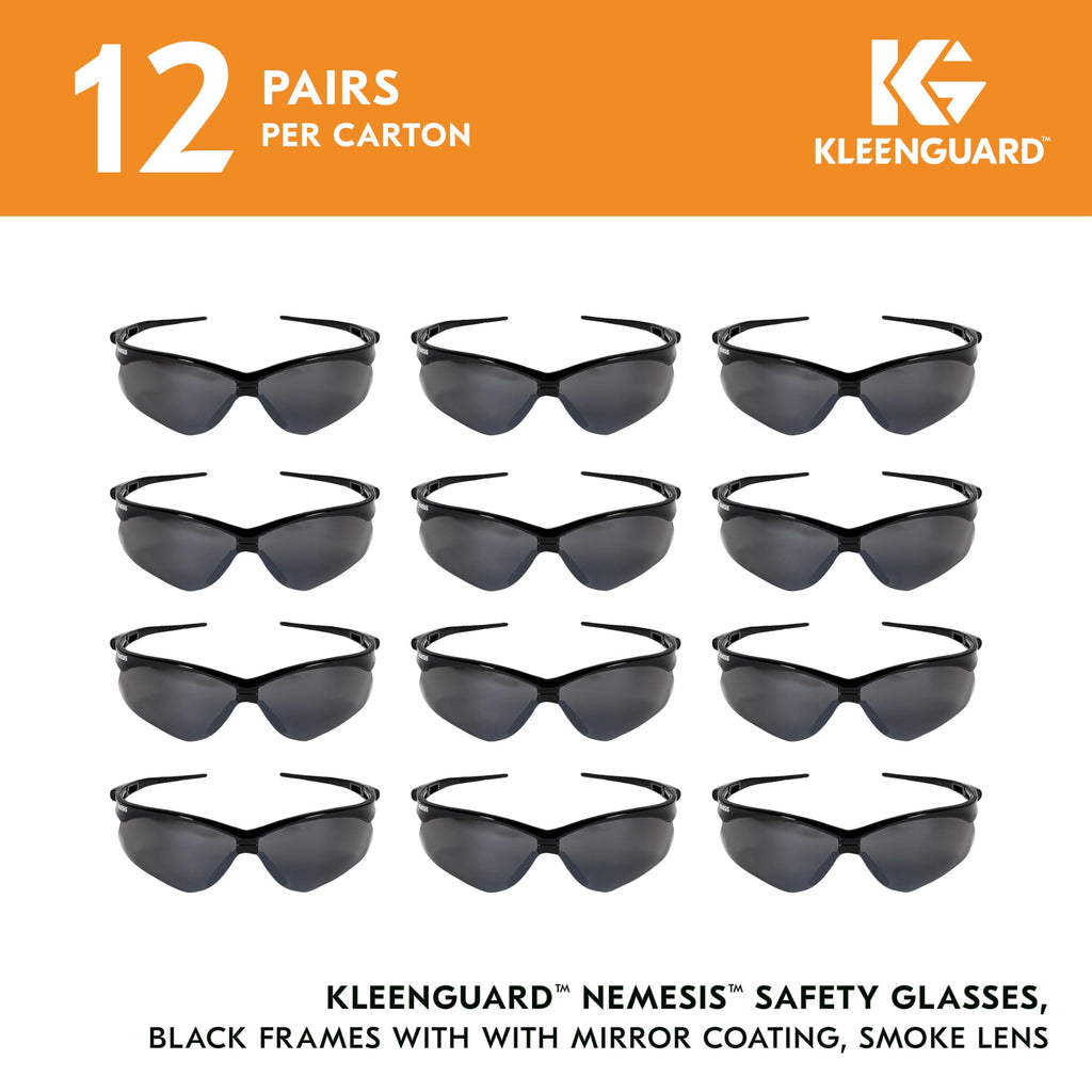 KleenGuard™ V30 Nemesis™ Safety Glasses (25688), with Mirror Coating, Smoke Lenses, Black Frame, Unisex Sunglasses for Men and Women (Qty 12)