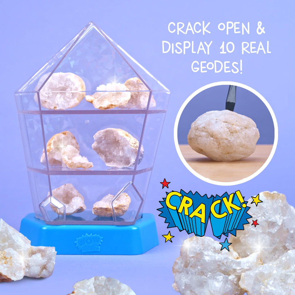 Wow in The World – 10 Real Break-Open Crystal Geodes with Display Case – Bonus Goggles & Magnifying Glass, Companion Audio Content, STEM Toy for Boys & Girls 6+ by Thames & Kosmos
