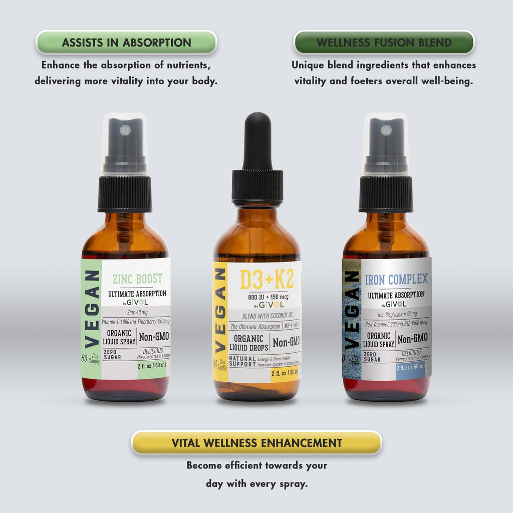 GIVOL Bone Support Bundle Liquid Spray - Iron Bisglycinate Complex, Zinc Picolinate, Vitamin D3 & K2 - Complete Multivitamin - Plant- Based, Non-GMO, Gluten Free, Sugar Free 2 Fl Oz (360 Days Supply)