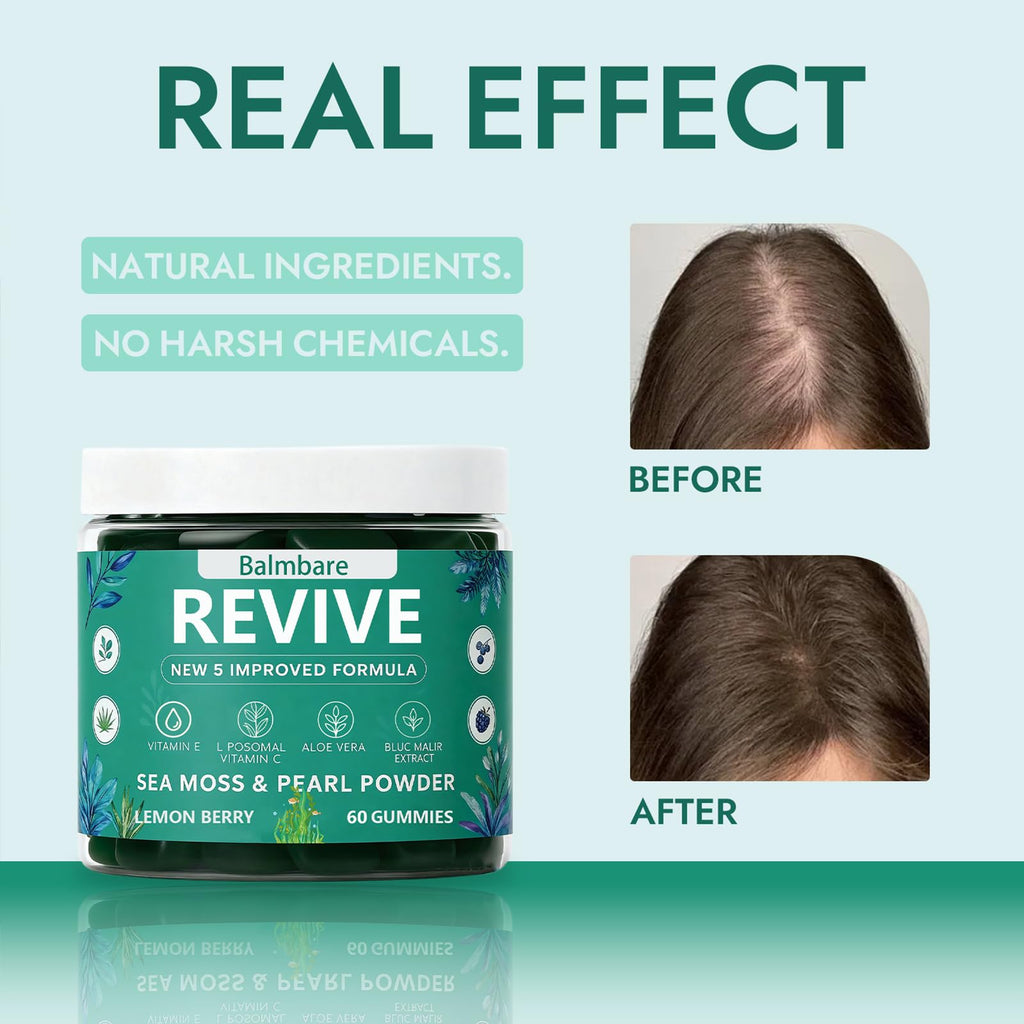 Balmbare Revive Gummies for Hair Loss, with Organic Irish Sea Moss Pearl Powder, Vitamins C & E, Aloe Vera - Supports Healthy Hair, Skin & Nails Growth (1pcs)