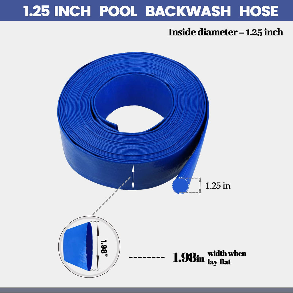 Eastrans 1-1/4''x100ft Blue PVC Lay-Flat Backwash Hose for Swimming Pools, Heavy Duty Discharge Hose Reinforced Pool Drain Hose, Weather Resistant Ideal for Water Transferring