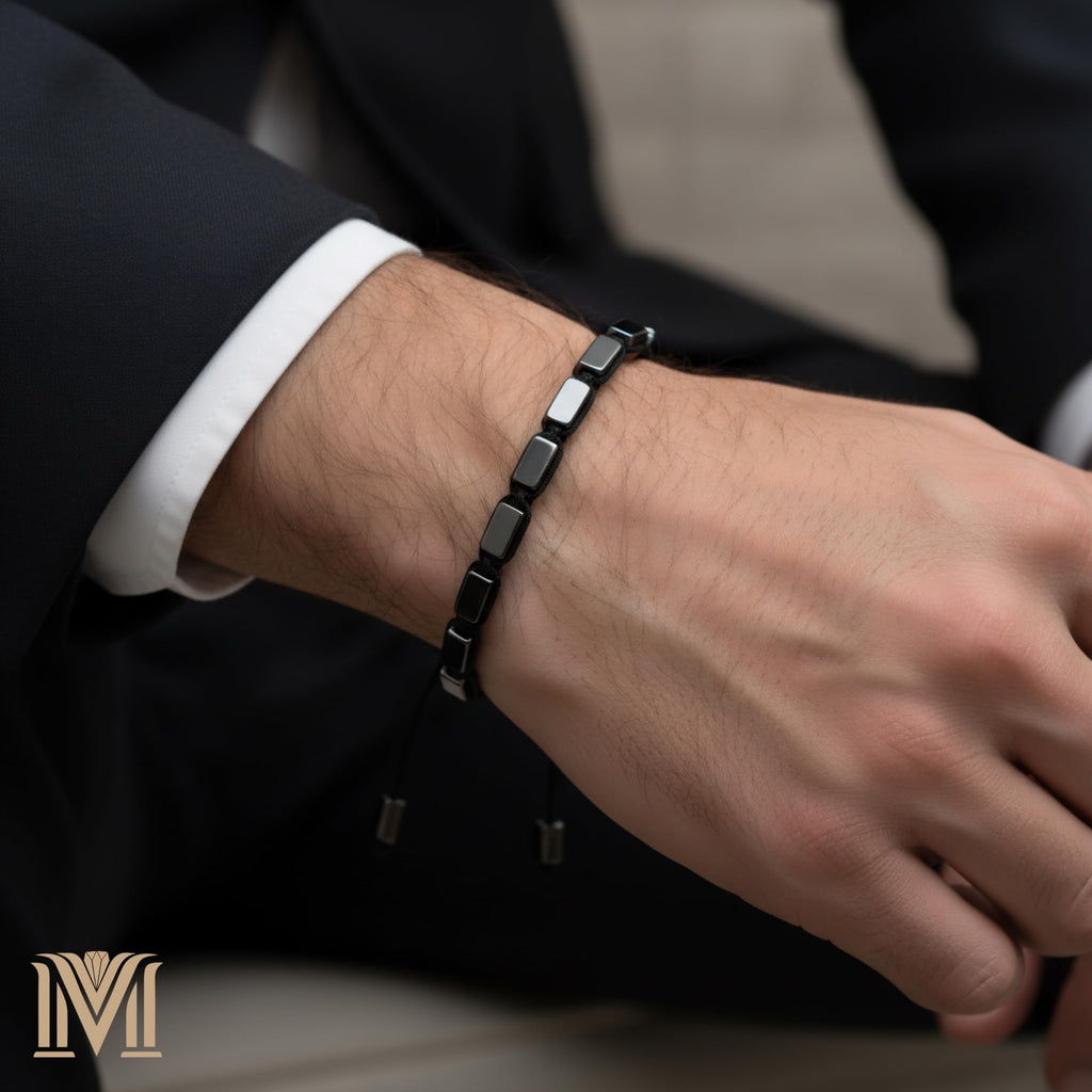 Mana Gallery Genuine Hematite Bracelet for Men & Women – Adjustable Macrame Sliding Knot – Metallic Gray Rectangular Beads – Minimalist Grounding & Protection