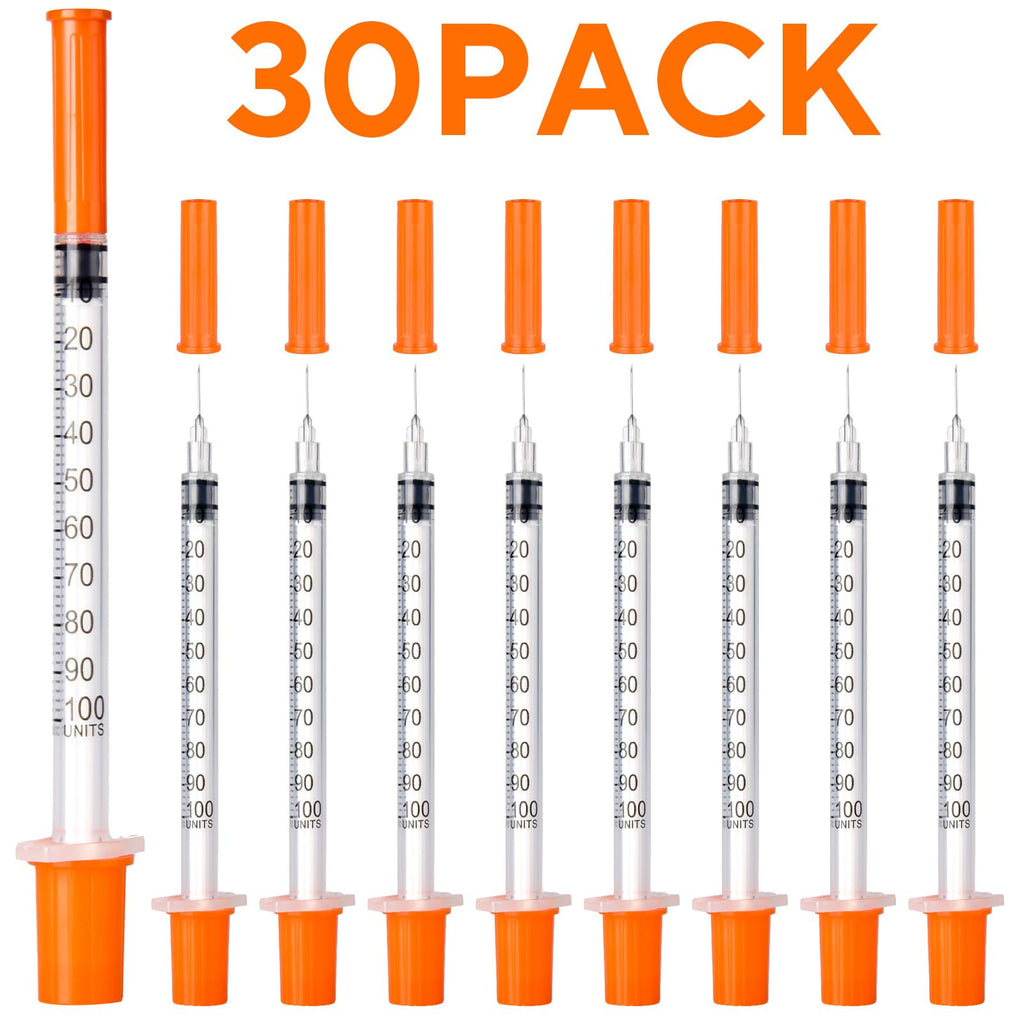 JIUPULL 30PACK U-100 Syringes, 30G 5/16" (8mm) 1ml/cc Disposable Syringe