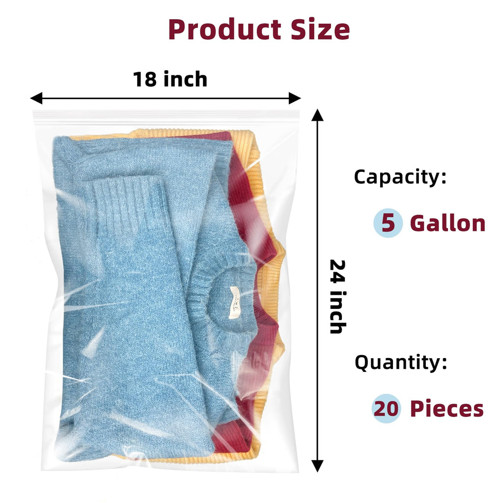 Large 5 Gallon Plastic Zipper Storage Bags, 18x24 Inches Clear Reclosable Storage Bags 20Pieces