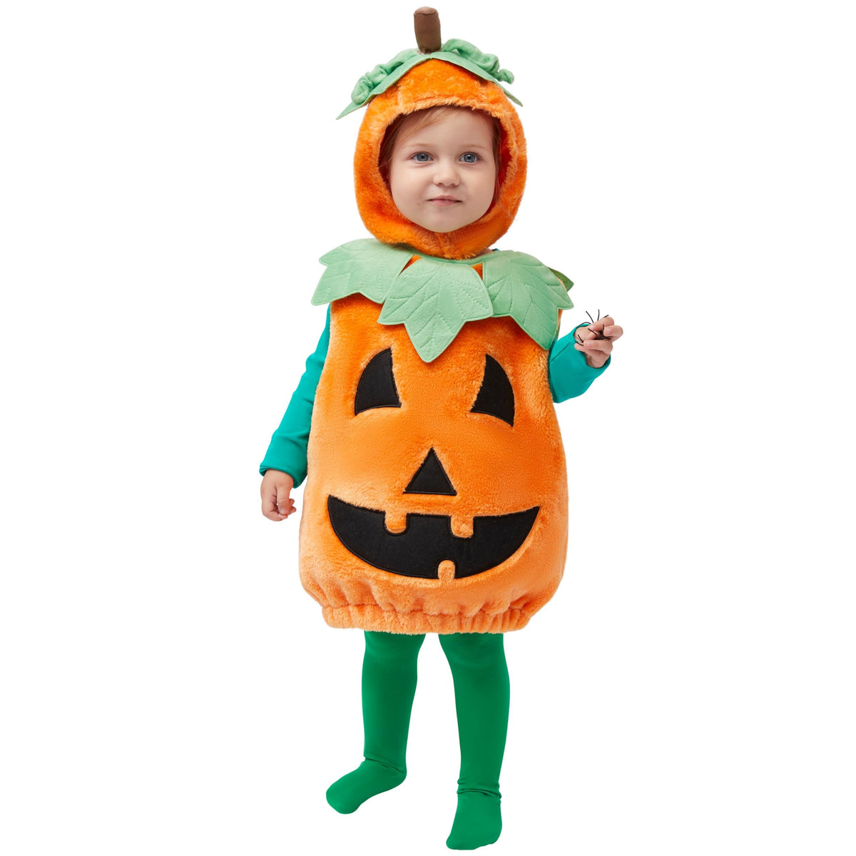 Spooktacular Creations Deluxe Pumpkin Costume with Plush Green leaves for Toddler, Kids Halloween Dress Up, Pumpkin Themed Party (3T)