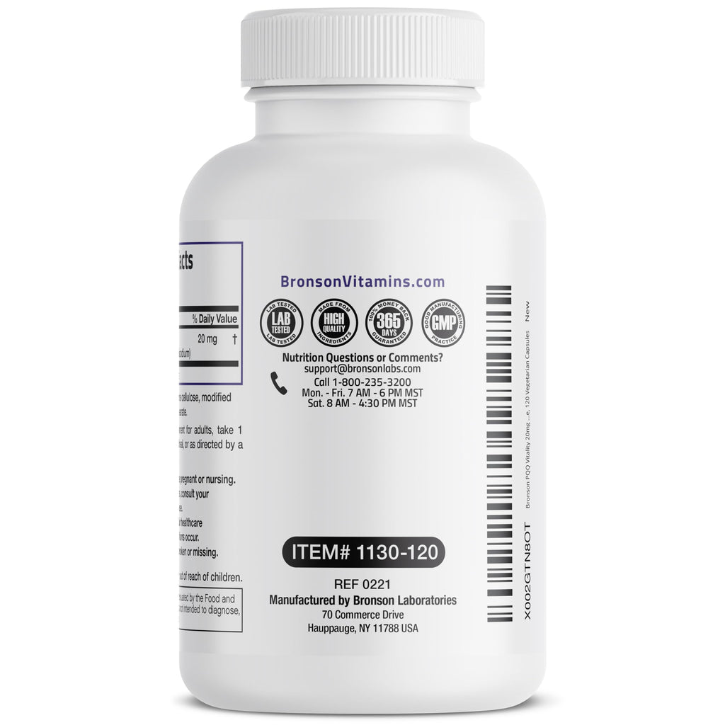 Bronson PQQ Vitality 20mg Pyroloquinoline Quinone Supplement Promotes Mitochondrial Biogenesis Non-GMO, 120 Vegetarian Capsules