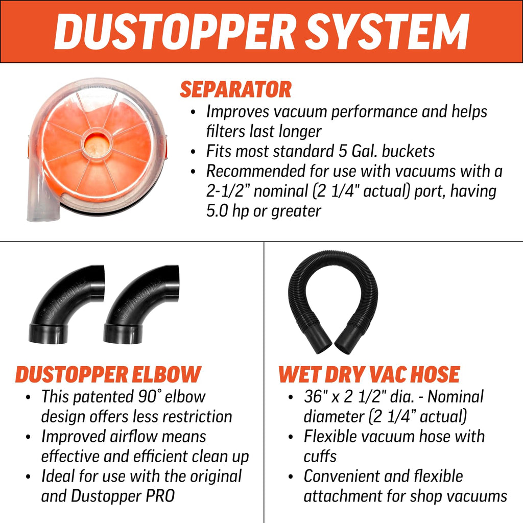 The Dustopper PRO, Low-Profile Dust Separator for Shop Wet/Dry Vacuums with at least 5HP. Includes High-Flow 90 Degree Sweep Elbows and Connection Hose. Fits Standard 5 Gallon Buckets, Made in USA