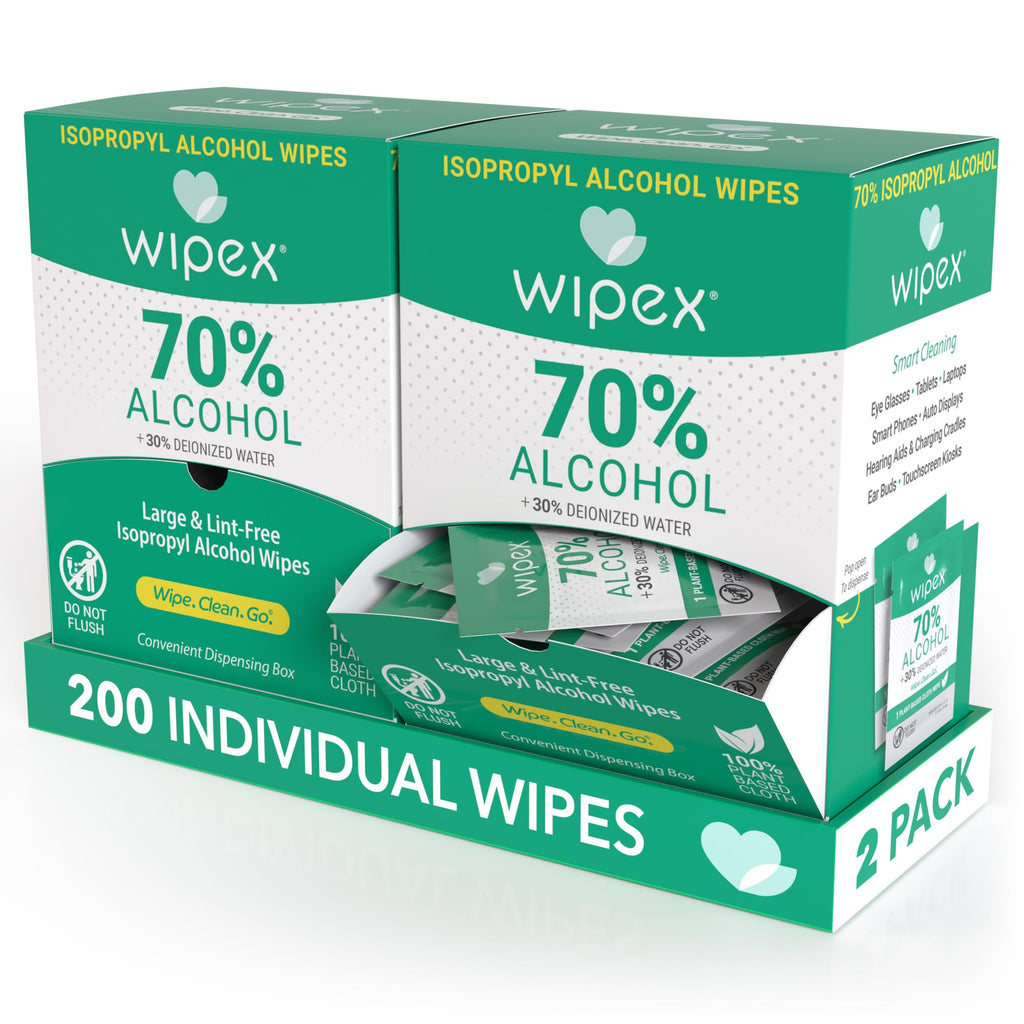 Wipex 70% Isopropyl Alcohol Wipes Individually Wrapped Sachets, Large Electronic wipes in Dispensing Box, Alcohol Prep Wipes, Screen Wipes & Tech Wipes for Sanitizing 100 Count (Pack of 2)
