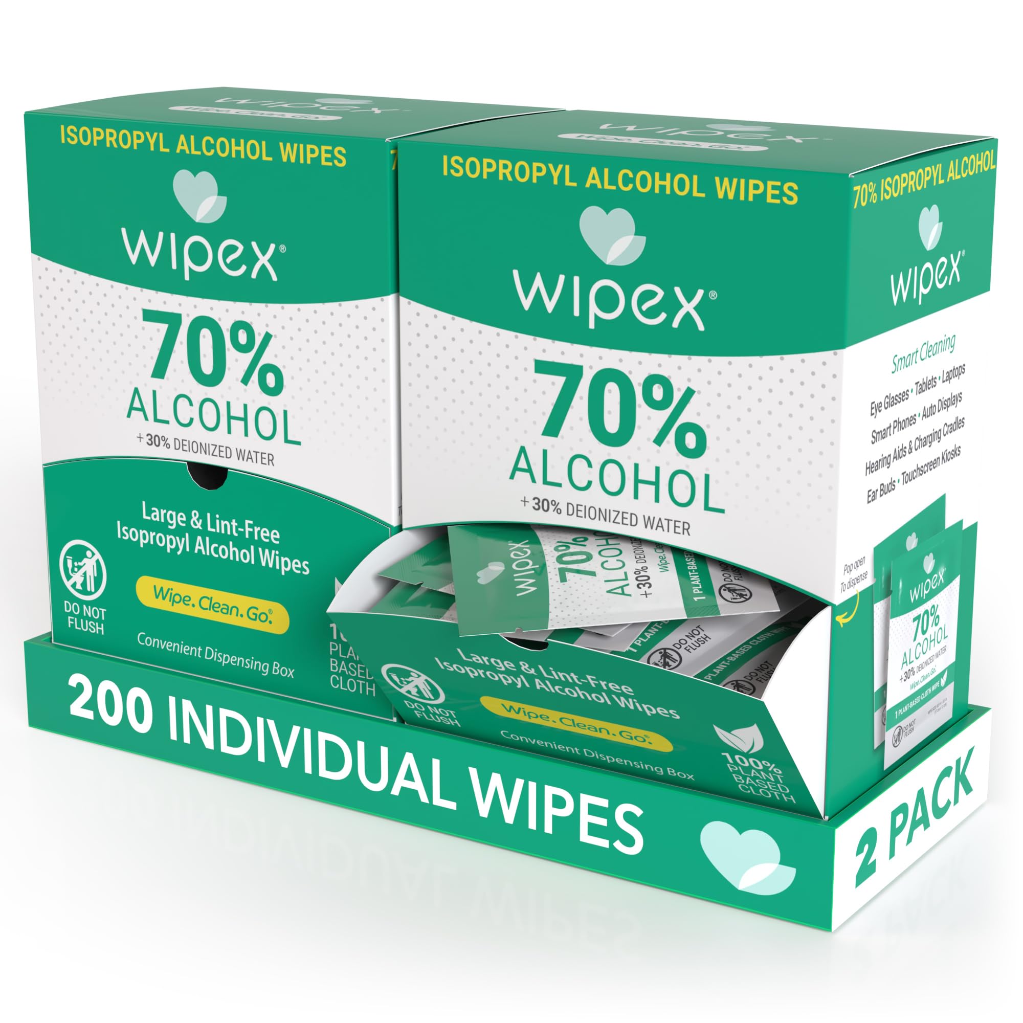 Wipex 70% Isopropyl Alcohol Wipes Individually Wrapped Sachets, Large Electronic wipes in Dispensing Box, Alcohol Prep Wipes, Screen Wipes & Tech Wipes for Sanitizing 100 Count (Pack of 2)
