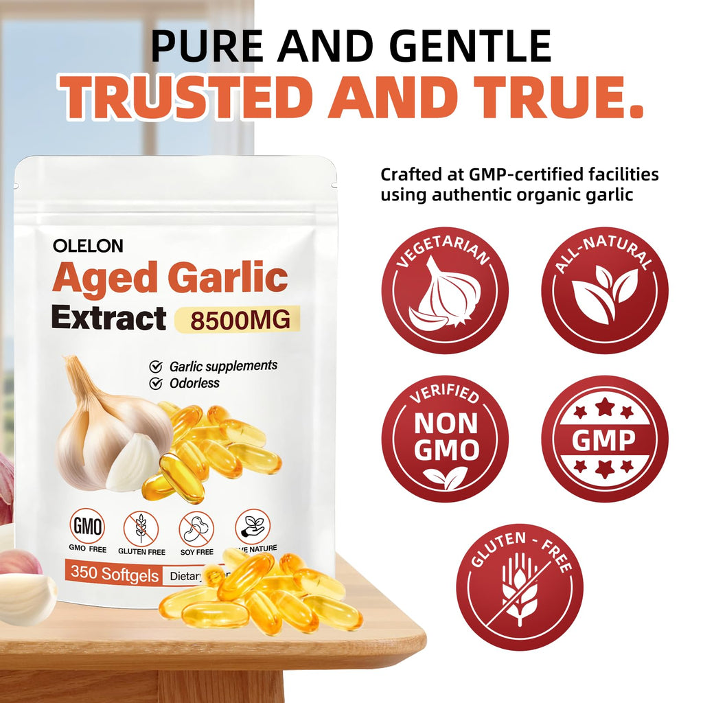 OLELON Aged Garlic Extract 350 Softgels - 8500mg High Potency, Odorless, Non-GMO & Organic Garlic Supplement for Heart Health, Immune Support & Antioxidant Benefits