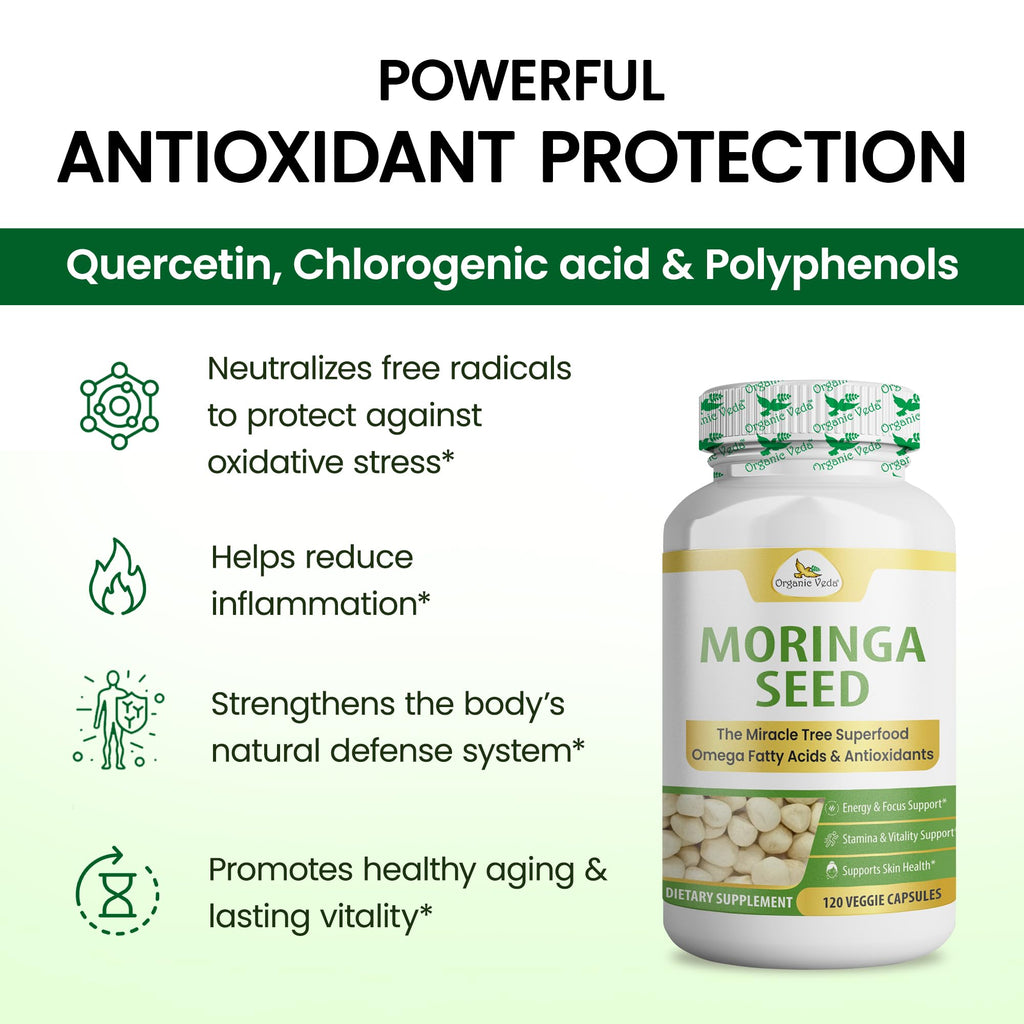 Organic Veda Moringa Seeds Capsules - Omega 3, 6, 9, Powerful Antioxidants, Vitamins, Amino Protein Rich Organic Moringa Seeds for Eating - Moringa Seed Powder Energy & Vitality, 120 Vegan Capsule