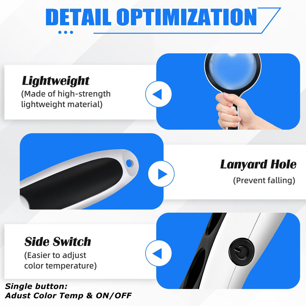 Large Magnifying Glass with Lights,10X 25X 45X 60X Handheld Lighted Magnifier, 5in Page Magnifier LED Lights, Magnifying Glass for Reading Small Prints & Low Vision Seniors with Aging Eyes