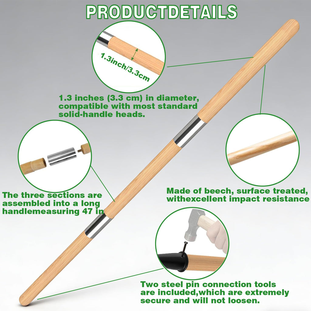 BuerKeo Wooden Hoe Handle Replacement, 47 Inch Length Wooden Pole & Rake Garden Tool Replacement Handle, 1.3 Inch Diameter Long Tapered Handles for Hollow Hoe Fork Shovels Tamper Gardening Tools