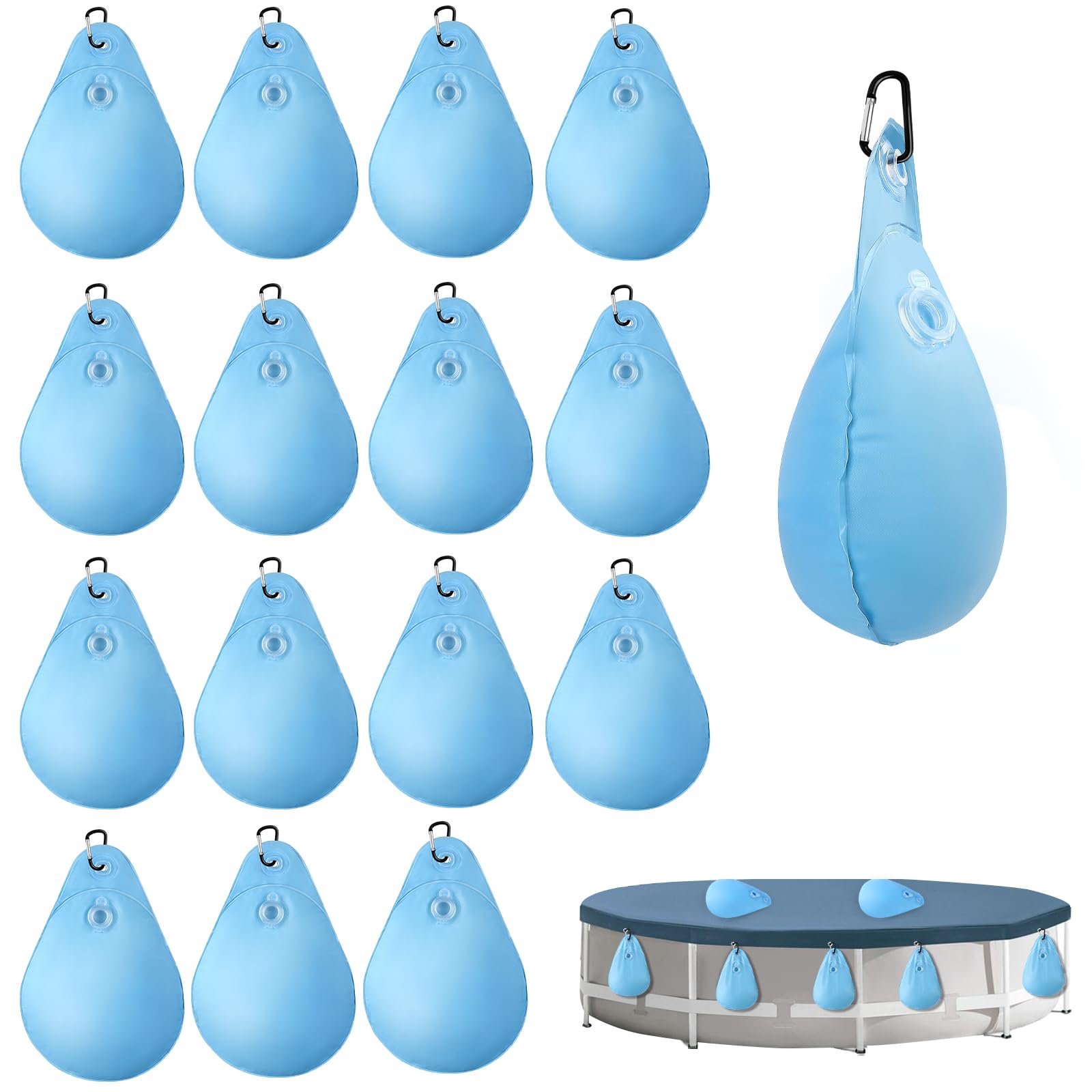 16 Pack Pool Cover Weights with Hooks, Leakproof Swimming Pool Cover Hanging Bag Thick PVC Pool Water Bags, Antifreezing Winter Pool Tarp Weights for Above Ground Pool Cover