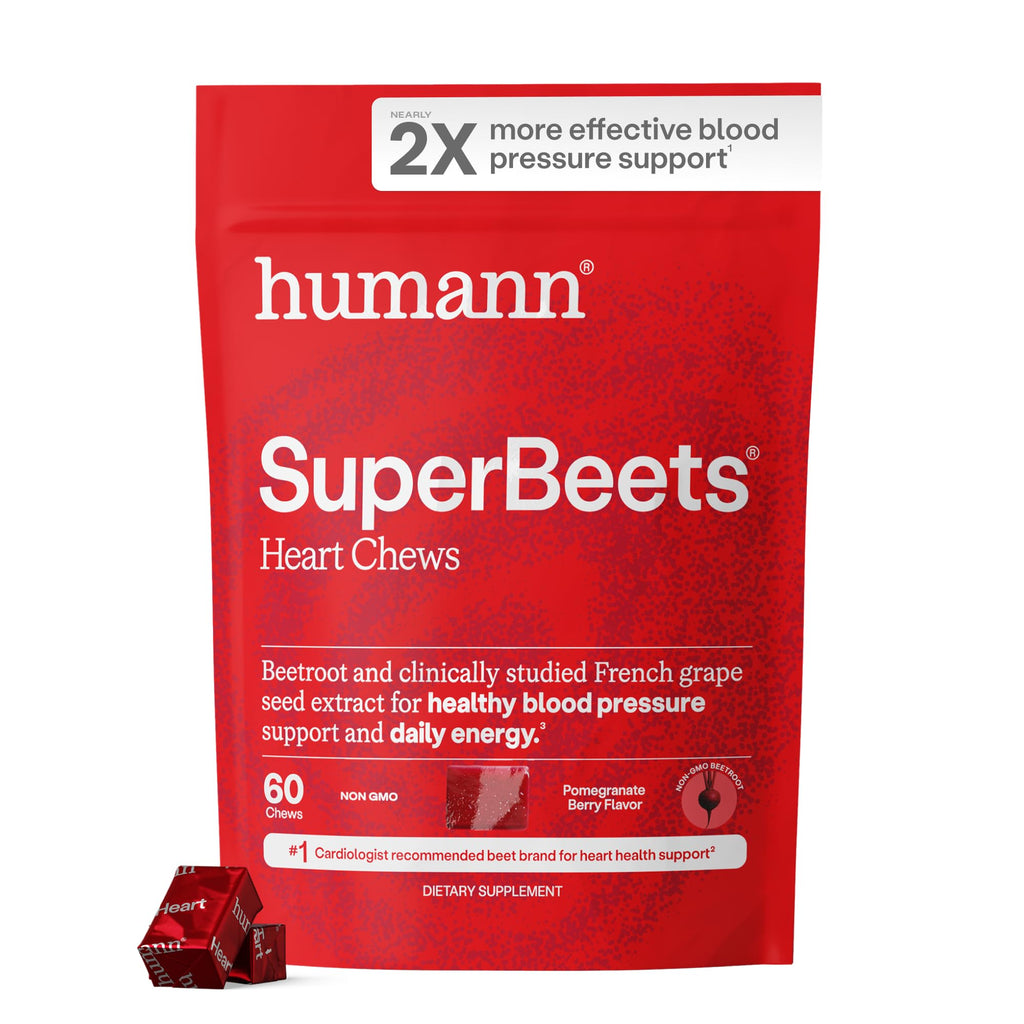 Humann SuperBeets Heart Chews, Nitric Oxide and Blood Pressure Support, Grape Seed Extract & Non-GMO Beet Root Powder Energy Supplement, Pomegranate Berry Flavor, 60 Count