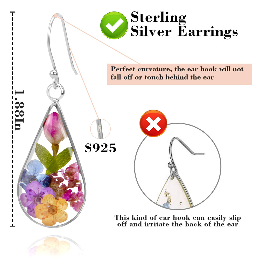 925 Sterling Silver Pressed Flower Teardrop Earrings,Hypoallergenic Women's Jewelry Gift for Mom and Wife,Handmade Natural Dried Flower Teardrop Earrings Jewelry Gift