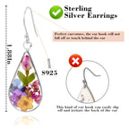 925 Sterling Silver Pressed Flower Teardrop Earrings,Hypoallergenic Women's Jewelry Gift for Mom and Wife,Handmade Natural Dried Flower Teardrop Earrings Jewelry Gift