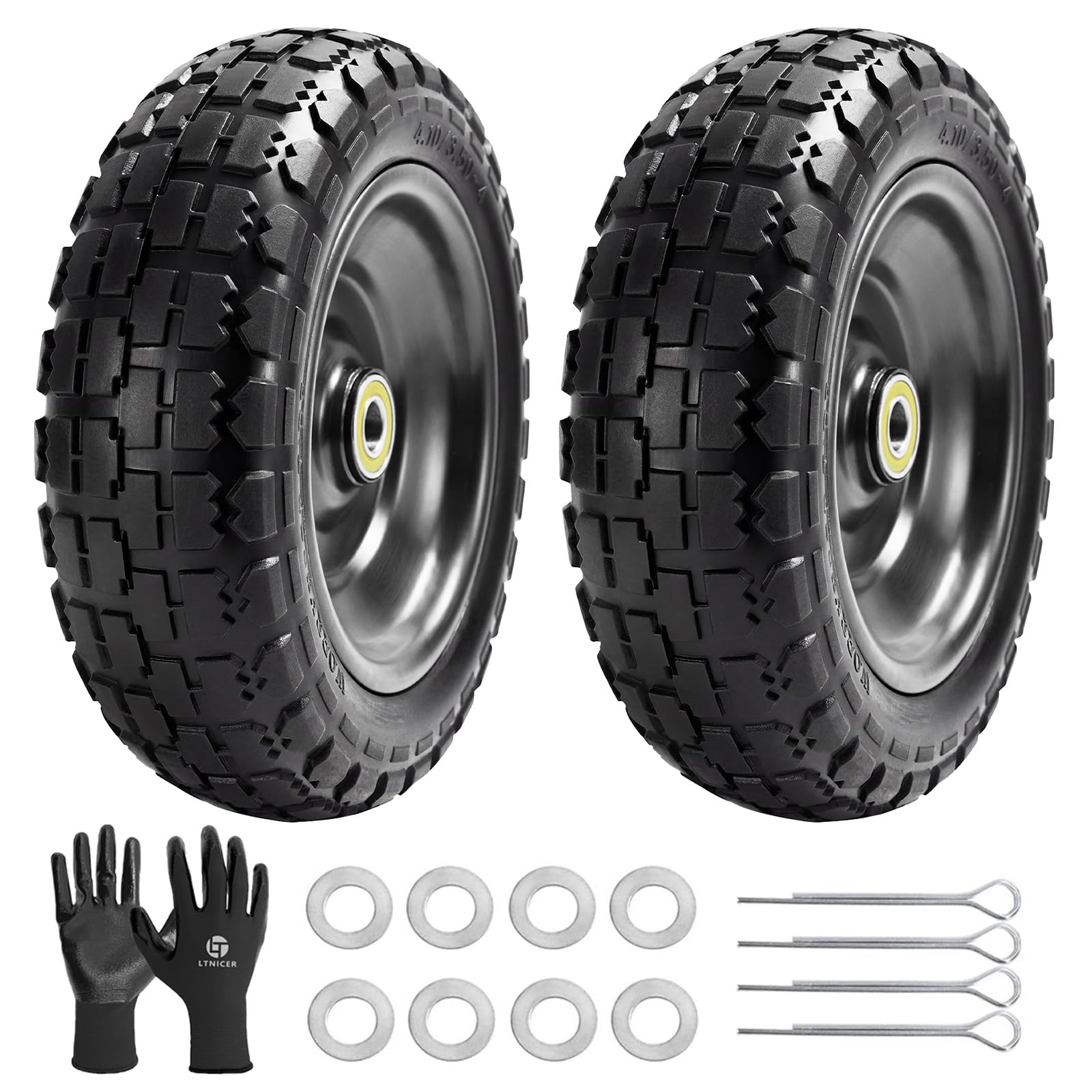 LTNICER 10" Flat Free Replacement Wheels for Gorilla Carts (2-Pack), 4.10/3.50-4 Solid Tires with 5/8" Axle Bore & 2.1" Offset Hub, Heavy Duty No-Flat Wheels for Garden Carts, Hand Trucks & Wagons