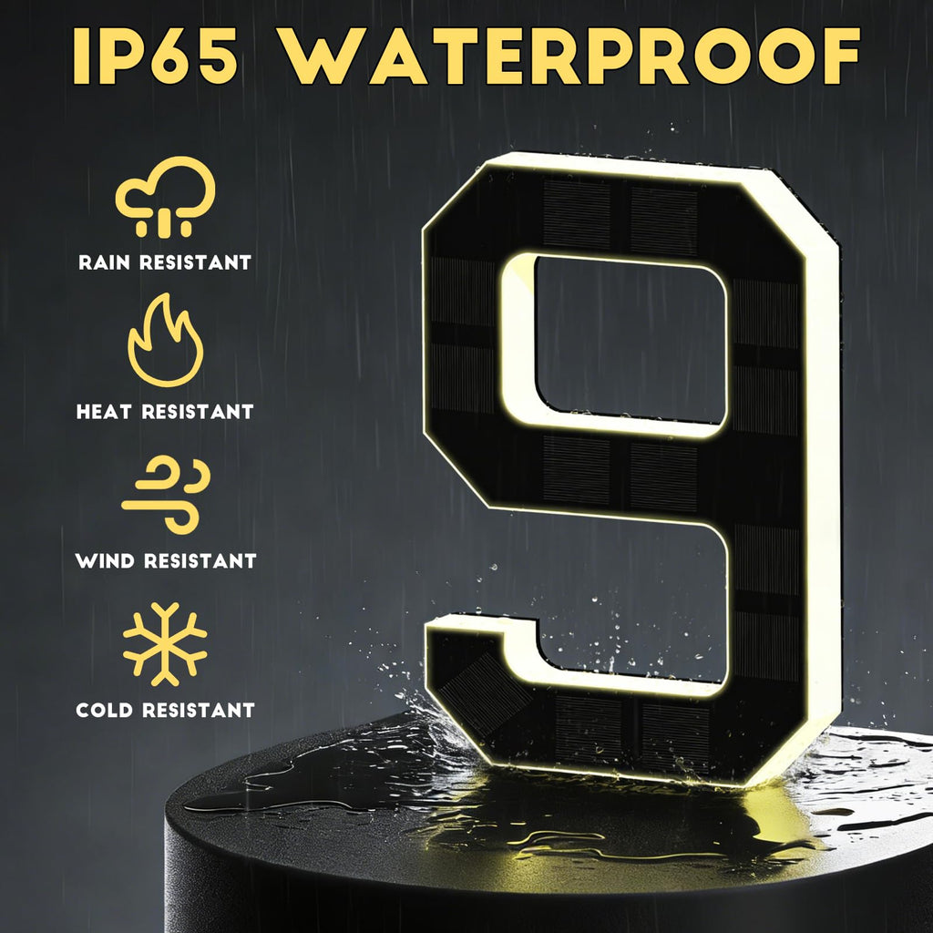 2026 New Solar House Numbers for Outside, Light Up Address Numbers for House, No Drill Adhesive or Screw Mount, IP65 Waterproof LED Illuminated Modern Address Sign, Dusk to Dawn (0, 9 inch)