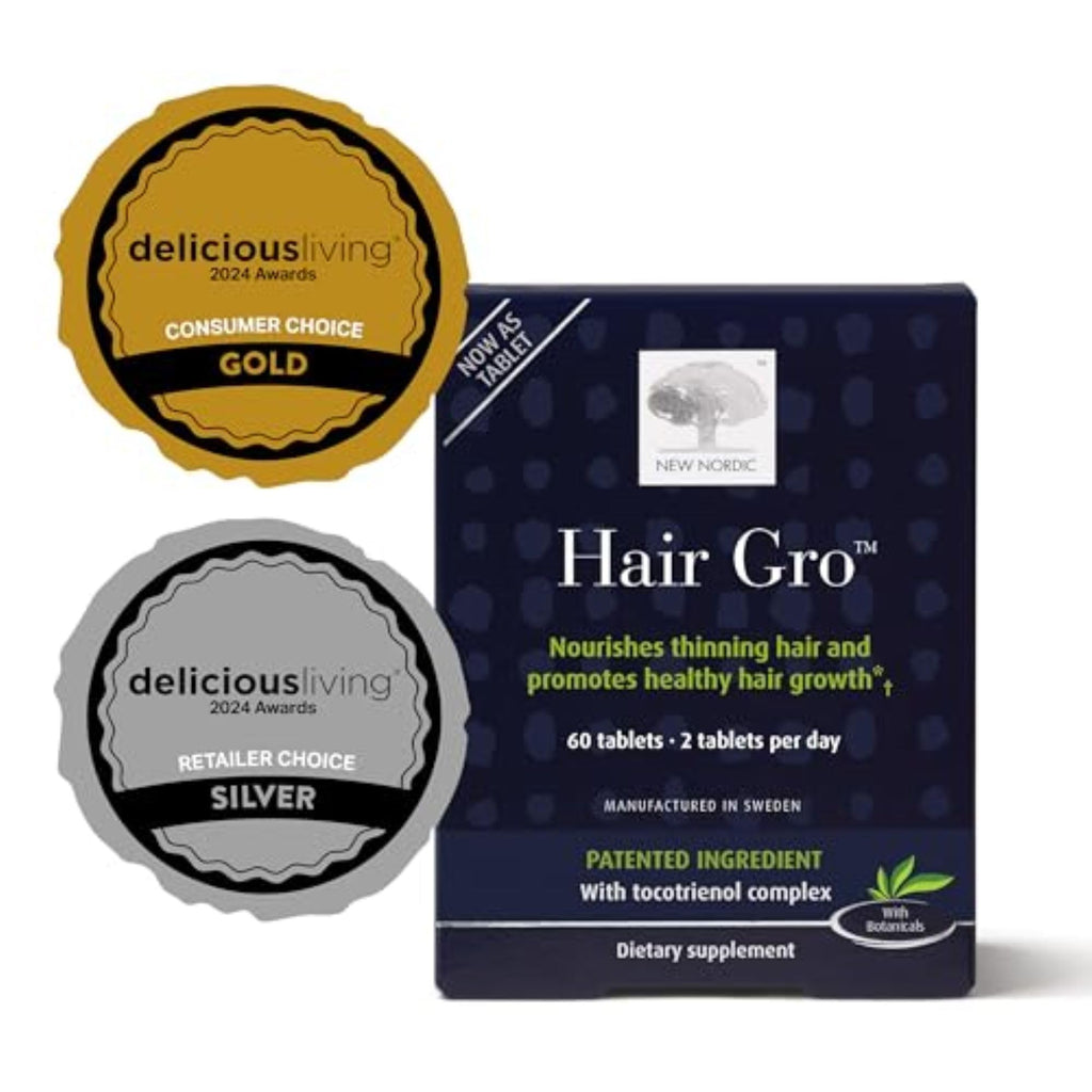 NEW NORDIC Hair Gro - Natural Hair Growth Product with Biotin, Apple Extract & Patented Tocotrienol Complex - Non-GMO, Gluten-Free & Dairy-Free - 60 Vegan Tablets (Pack of 2)