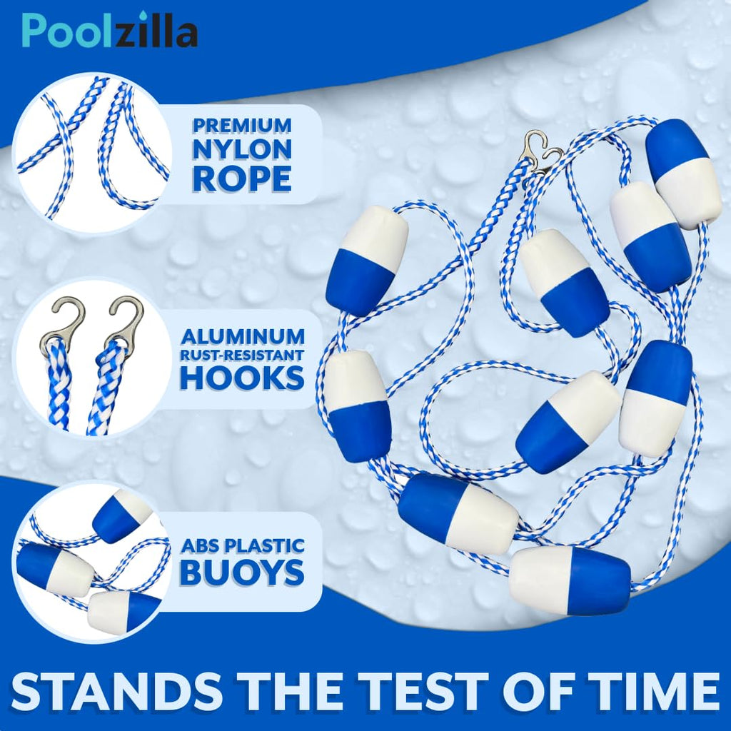 Poolzilla 20ft Swimming Pool Safety Rope and Float Kit Pre-Assembled Shallow End Divider with Stainless Steel Hooks