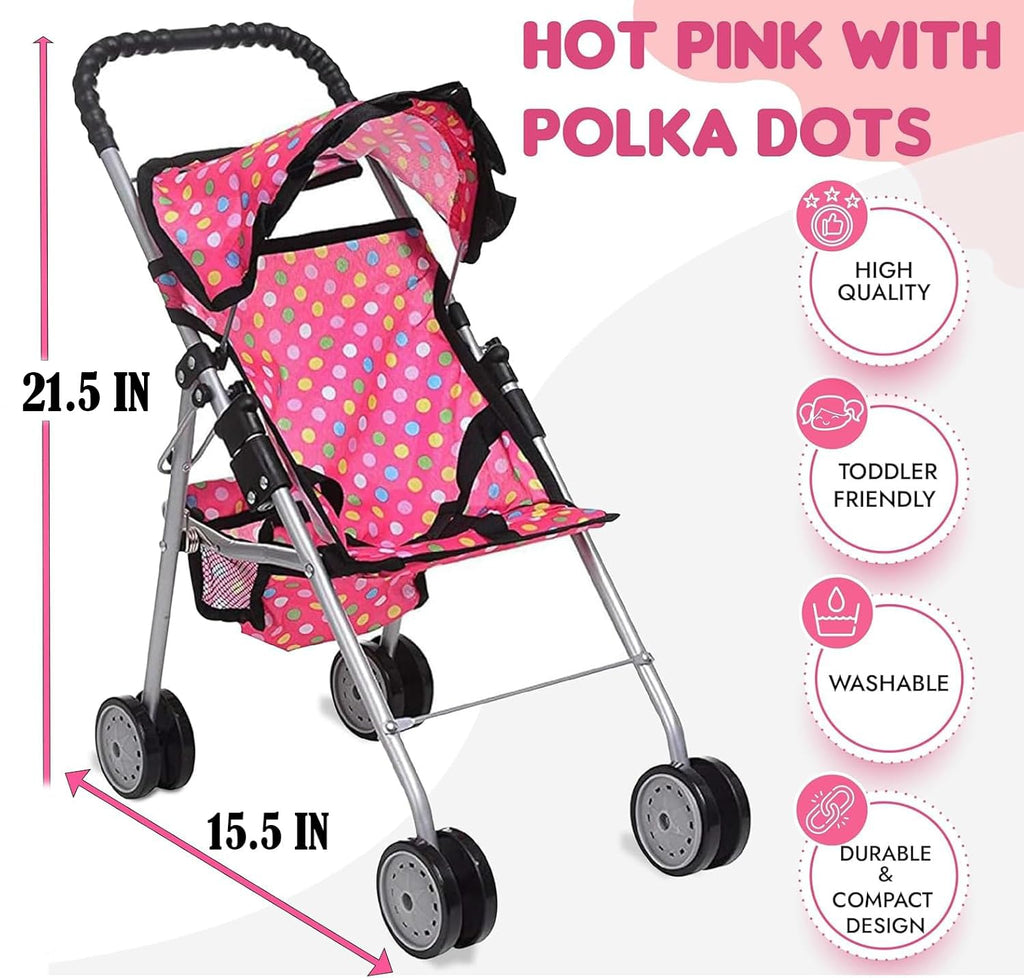 fash n kolor® - Doll Stroller My First Baby Doll Strollers Toy - Flower Design with Basket in The Bottom- Doll Accessories 2 Free Magic Bottles Included (Polka Dot)