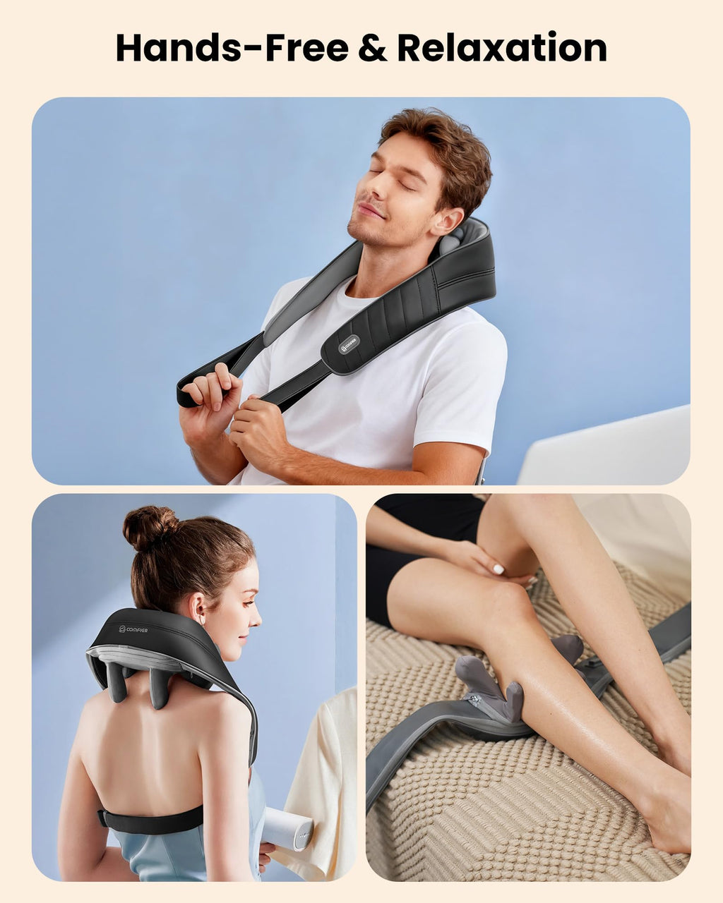 COMFIER Cordless Neck and Shoulder Massager with Heat, Wearable 4D Shiatsu Deep Tissue Kneading for Desk Workers and Drivers, Hands-Free Straps, FSA Eligible HSA Gift,Midnight Black