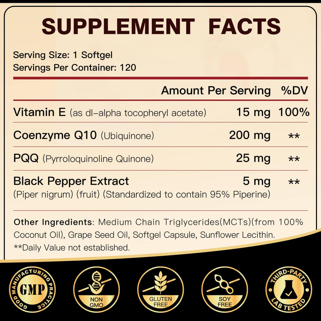 DRFOSTER Coq10 200mg, Coenzyme Q10 for Antioxidant & Energy Production, 6X Higher Absorption Cq10 with Vitamin E & PQQ & Black Pepper Extract, Co q 10 Supplement 120 Servings
