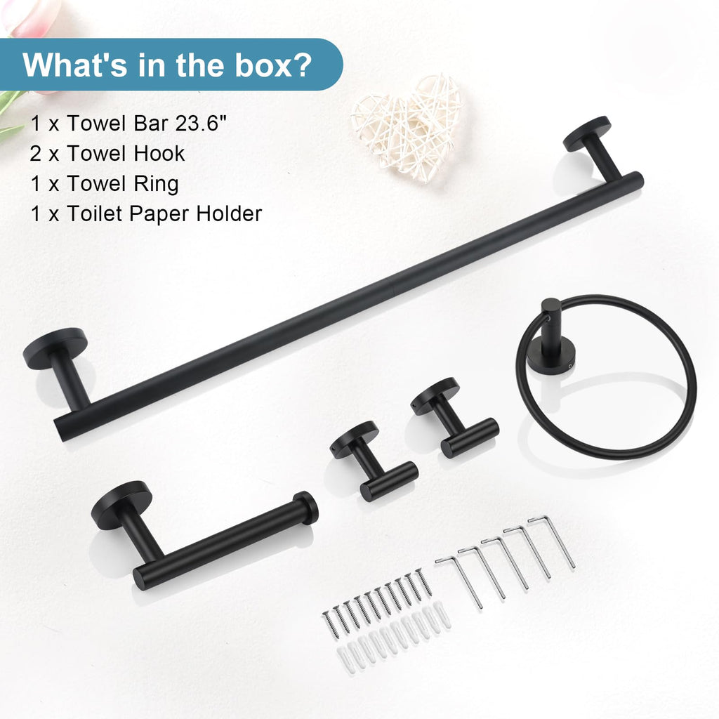 TQKAG Matte Black Bathroom Hardware Set 5 Pieces, SUS304 Stainless Steel Towel Bar Set Round Bathroom Towel Rack Set Wall Mounted