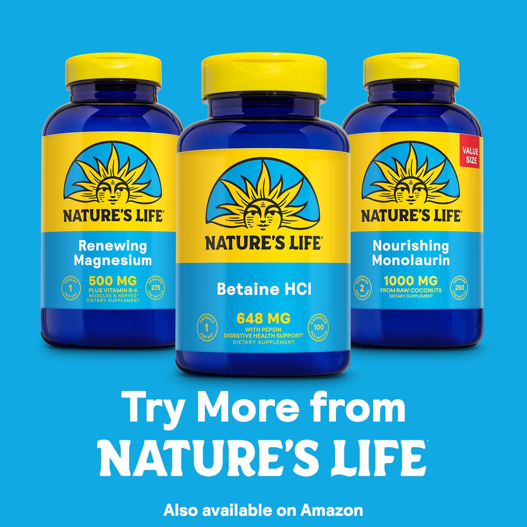 NATURE'S LIFE Betaine HCL with Pepsin - Digestive Health Formula with Digestive Enzymes for Gut Health Support - High Potency Hydrochloric Acid Supplement, 60-Day Guarantee, 100 Servings, 100 Capsules