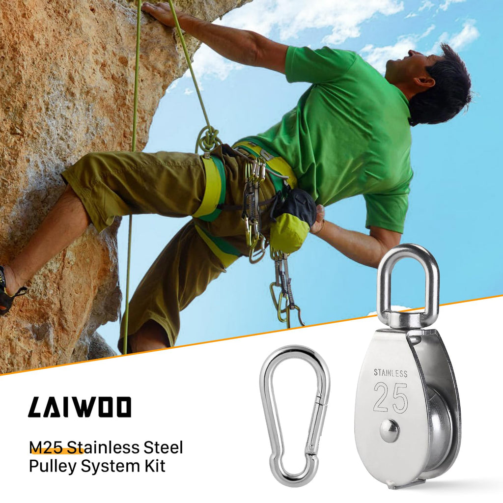 LAIWOO M25 Stainless Steel Pulley System Kit-Heavy-Duty Pulley Wheel, Pulley Block with Nylon Rope, Hooks, Eye Pad Plate, and Rope Cleat - Ideal for Lifting, DIY Projects, and Clothesline (2 Pack)