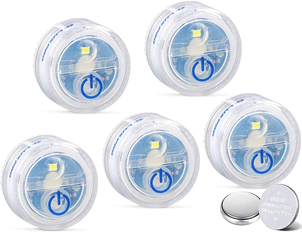 LUXPRO Waterproof Micro LED Puck Lights - 5 Pack Tap Lights Battery Powered - Adhesive Lighting Ideal for Under Cabinets, in Tackle Boxes, or on Bookcases