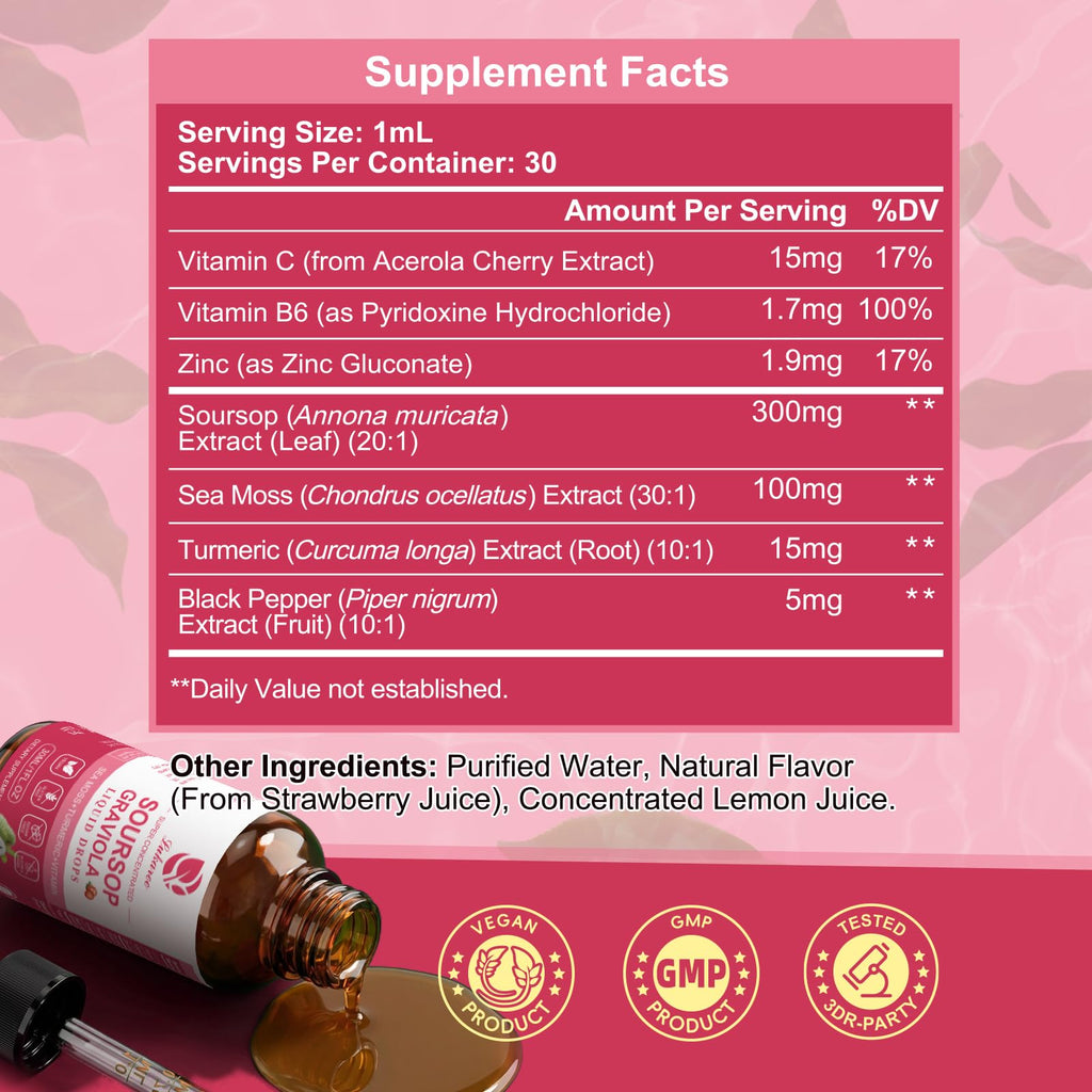 (2 Pack) Soursop Graviola Leaf Extract Liquid Drop Plus Pure Botanical Sea Moss for Cell Support & Regeneration, Immunity and Gut Health, Soursop Bitters Liquid丨Full Texture,Strawberry Flavor,1 Fl Oz