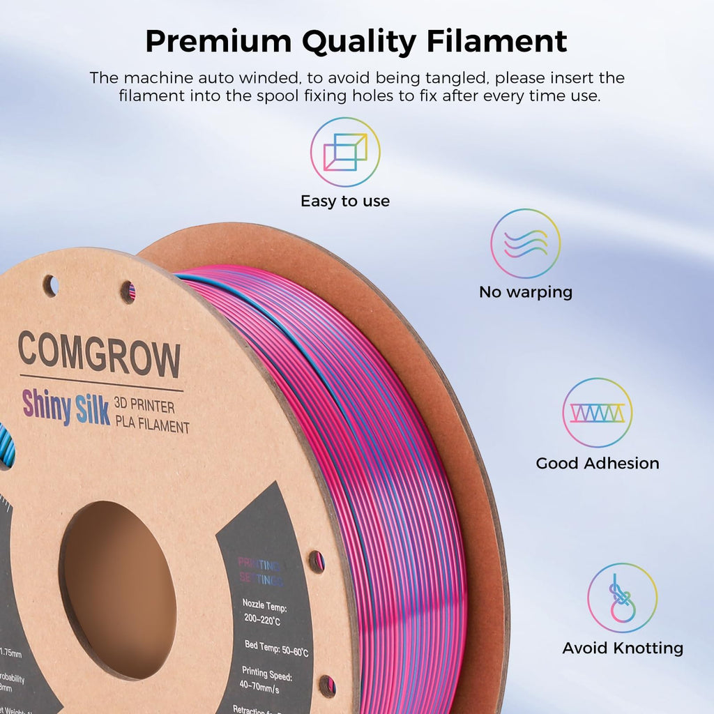 Comgrow Tri-Colors Silk PLA 3D Printer Filament, Rainbow PLA Filament 1.75mm, Dimensional Accuracy +/- 0.02 mm, 4KG Spool, Coextrusion 3D Filament with Shiny Silk